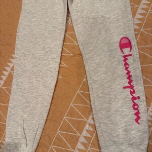 Champion Kids Light Gray Joggers with Pink Logo
